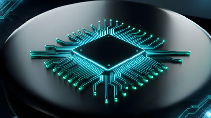 Poster - Illuminated circuit board on dark metallic surface, detailed computer chip design.