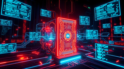 Poster - Neon circuit board on pedestal with data screens, circuits, and glowing wires in a futuristic server room.