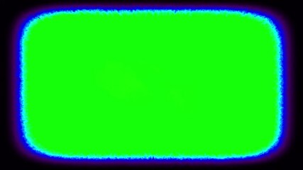 Poster - Green screen with vibrant blue and purple neon border, ideal for chroma key compositing and graphic design projects.