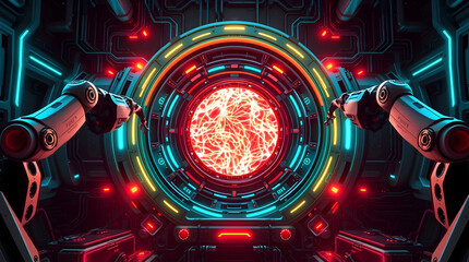 Poster - Robotic arms near a futuristic portal with a bright core, surrounded by neon lights, in a high-tech.