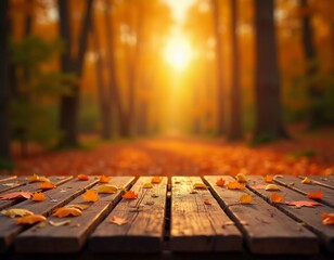 Wall Mural - A rustic table displays vibrant orange leaves as the warm light of sunset filters through the trees in a peaceful forest. The atmosphere invites relaxation and reflection. Generative AI