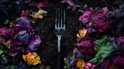 Beautifully Contrasting Image of a Metal Fork Among Vibrant Flowers and Dark Soil, Capturing the Essence of Nature and Gardening, Ideal for Culinary and Floral Themes