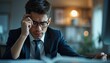 © kotlyarn - A young Asian man in a sharp suit sits at a desk, visibly stressed as he contemplates over an open book. The warm, blurred background hints at a cozy office atmosphere, enhancing the sense of pressure