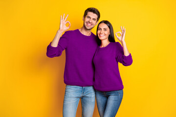 Poster - Portrait of charming couple show ok sign recommend ads wear red pullover denim jeans isolated over yellow background