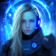 Poster - Futuristic character in a sci-fi setting with blue lighting