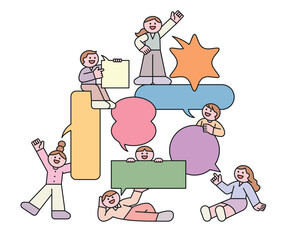Fototapete - People holding speech bubbles are hugging or standing. Pyramid shape. Cuttiny character with outline.