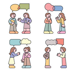 Fototapete - Two people are meeting and talking. There are speech bubbles above their heads. Cuttiny character with outline.