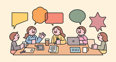 Fototapete - A group of people sit at a table, share ideas, and work as a team. Cuttiny character with outline.