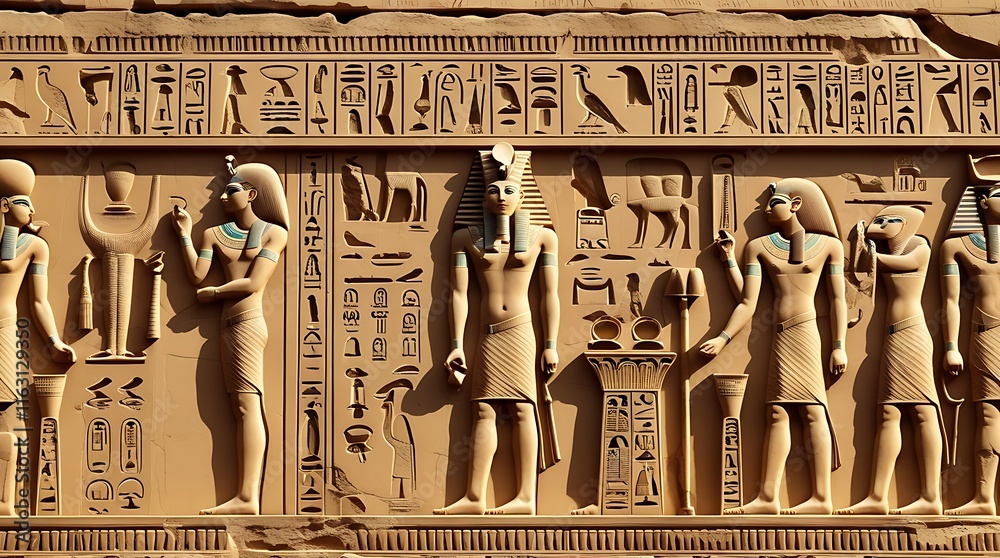 Ancient Egyptian wall relief featuring detailed carvings of pharaohs ...