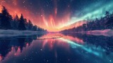 A stunning aurora borealis reflected in a serene winter landscape by a river.