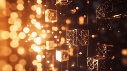 Wall Mural - Abstract glowing wireframe cubes with golden bokeh lights
