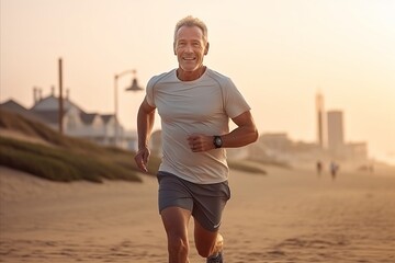 Wall Mural - Portrait of senior man jogging on beach at sunrise, healthy lifestyle