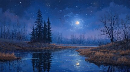 Wall Mural - Serene night landscape with moonlit water reflection.