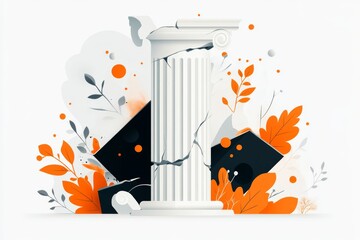 Poster - A clean flat design of a broken ionic column, with subtle cracks and vines growing around it, on a white background