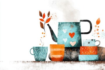 Aufkleber - A colorful 2D illustration of an iron kettle steaming on a rustic stove, set against a clean white background