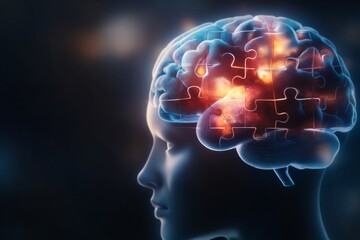 Poster - A flat design of a glowing brain puzzle with colorful shapes fitting perfectly into place