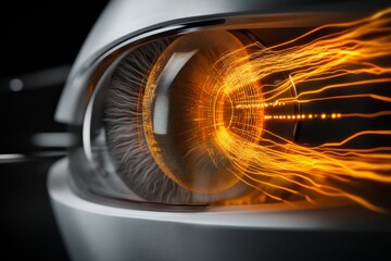 Poster - A futuristic 3D iris recognition device scanning a holographic eye with dynamic, glowing overlays