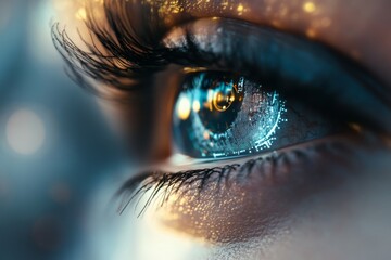 Poster - A futuristic depiction of an iris scanning system, with neon holograms analyzing a glowing blue eye in high detail