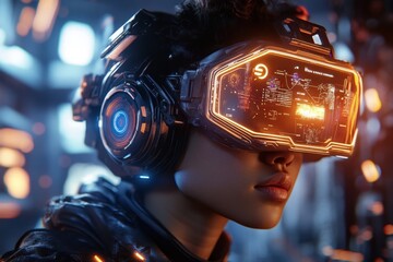 Aufkleber - A futuristic holographic workspace where a person interacts with floating 3D models and glowing data panels