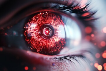 Poster - A futuristic iris recognition system glowing with holographic overlays and security icons