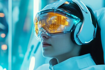 Poster - A futuristic scene of a person connected to a holographic neural interface, with IQ puzzles projected in the air