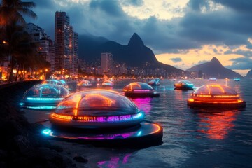 Poster - A futuristic vision of Ipanema Beach, with eco-friendly floating resorts, holographic signs, and glowing beachfront pathways