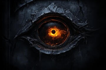 Poster - A gothic depiction of a mysterious eye with a glowing golden iris, surrounded by dark shadows and ornate patterns