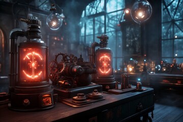 Poster - A gothic-inspired lab where a scientist is creating glowing, mysterious devices in the shadows of ancient machinery