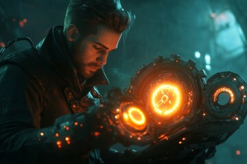 Poster - A gothic-inspired lab where a scientist is creating glowing, mysterious devices in the shadows of ancient machinery