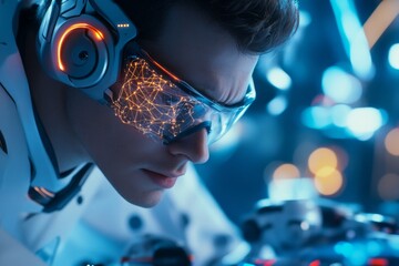 Poster - A hyper-realistic scene of a scientist using an advanced AI system, with glowing neural networks and detailed machinery