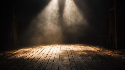 Wall Mural - A spotlight illuminates a dusty wooden stage, creating a dramatic atmosphere.