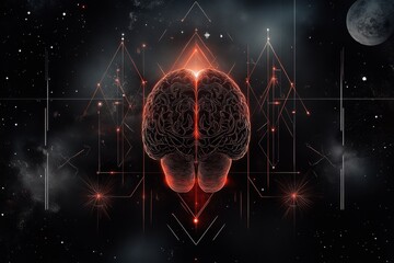 Poster - A minimalist glowing brain design surrounded by geometric shapes and light gradients, symbolizing IQ and intelligence