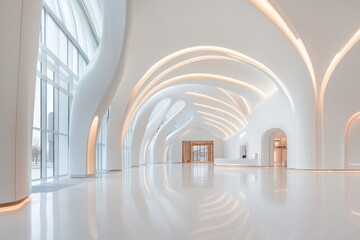 Poster - A modern architectural space incorporating sleek ionic columns in a minimalist design, blending tradition with innovation