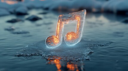 A glowing ice music note floats on water, creating a serene and artistic scene that combines elements of nature and creativity.