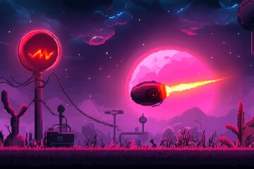 Poster - A pixel art depiction of a glowing ion interacting with a futuristic energy system, in a retro video game aesthetic