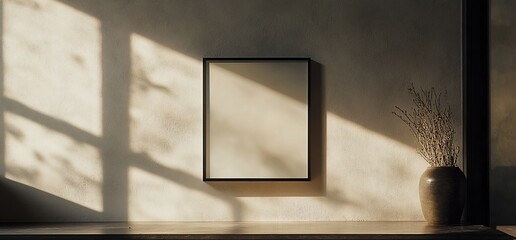 Wall Mural - Minimalist interior with a blank frame and a vase, bathed in soft light.