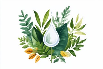 Aufkleber - A clean flat design of a drop of water surrounded by green leaves, representing sustainable irrigation