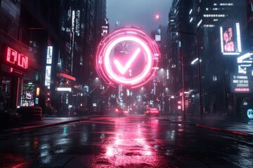 Aufkleber - A cyberpunk-themed depiction of glowing ions powering neon-lit technology in a futuristic city