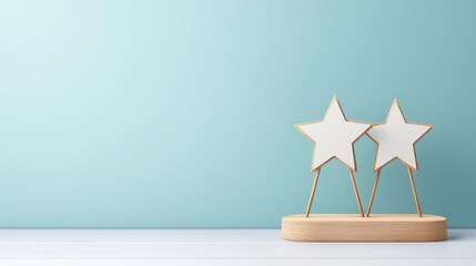 Wall Mural - Decorative wooden stars with empty spaces for text against a soft blue background in a minimalistic style