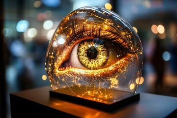 Poster - A futuristic 3D iris recognition device scanning a holographic eye with dynamic, glowing overlays