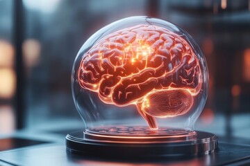 Poster - A futuristic holographic display of a glowing brain interface with digital IQ puzzles projected in 3D