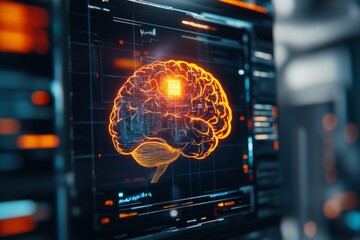 Poster - A futuristic holographic display of a glowing brain interface with digital IQ puzzles projected in 3D