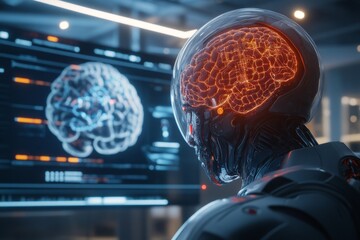 Poster - A futuristic scene of a person connected to a holographic neural interface, with IQ puzzles projected in the air