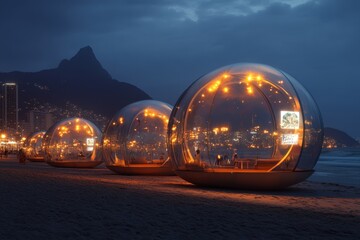 Poster - A futuristic vision of Ipanema Beach, with eco-friendly floating resorts, holographic signs, and glowing beachfront pathways