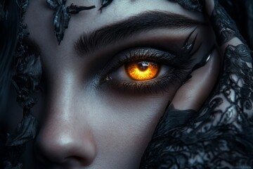 Poster - A gothic depiction of a mysterious eye with a glowing golden iris, surrounded by dark shadows and ornate patterns