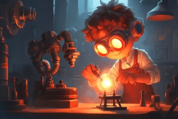 Poster - A gothic-inspired lab where a scientist is creating glowing, mysterious devices in the shadows of ancient machinery