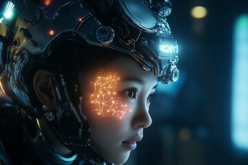Poster - A hyper-realistic scene of a scientist using an advanced AI system, with glowing neural networks and detailed machinery