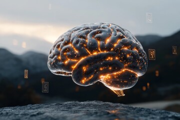 Fototapete - A magical brain glowing with ethereal light, surrounded by floating runes and symbols of knowledge, representing fantastical intelligence