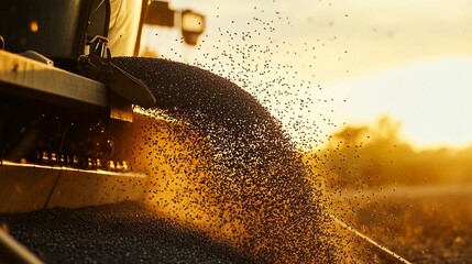 Wall Mural - Tractor seeding field at sunset, seeds scattering.