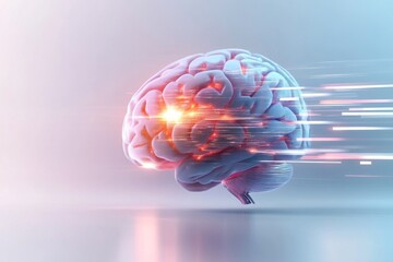Aufkleber - A simple flat design of a glowing brain emitting bright lines of intelligence on a clean white background